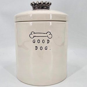 RARE Rae Dunn Ceramic Small Script Bone "GOOD DOG" Canister/Treat Jar Crown Lid